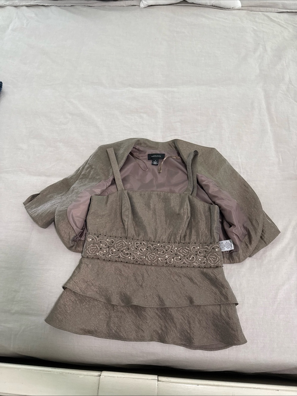 R&M Richards Taupe Metallic Layered Dress with Bolero Jacket Y2K Vintage